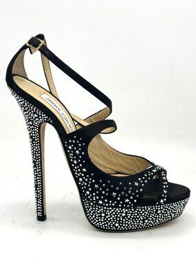 Jimmy Choo SUKI Crystal Jewel Platform Open Toe Satin Sandals Heels Shoes